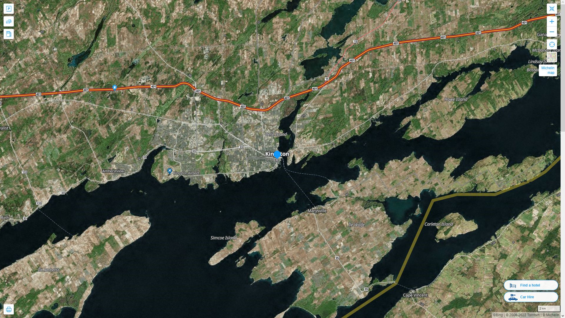 Kingston Canada Autoroute et carte routiere avec vue satellite
